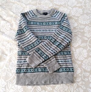 J Crew Fair Isle Sweater Women Small Gray Green Blue Crewneck Wool Blend Soft